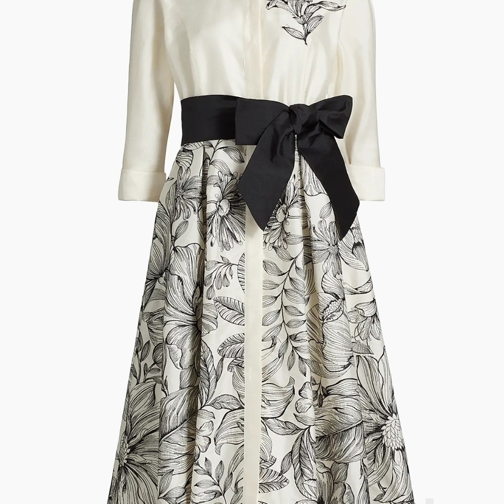 Rickie Freeman for Teri Jon Black and White Floral Long Sleeve Dress